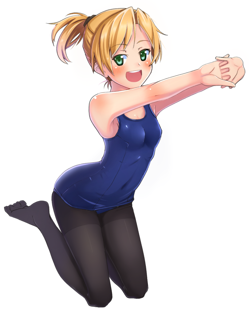 0625a 1girl :d blonde_hair green_eyes kantai_collection maikaze_(kantai_collection) open_mouth pantyhose pantyhose_under_swimsuit ponytail school_swimsuit short_hair smile stretch swimsuit