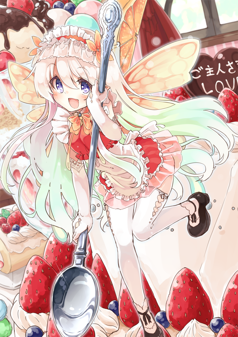 1girl apron blue_eyes bowtie butterfly_wings cake elbow_gloves fairy food fruit gloves gradient_hair green_hair hairband holding lolita_hairband long_hair minigirl miniskirt multicolored_hair naka_akira open_mouth original pink_hair shoes skirt smile solo spoon strawberry thigh-highs violet_eyes white_gloves white_hair white_legwear wings