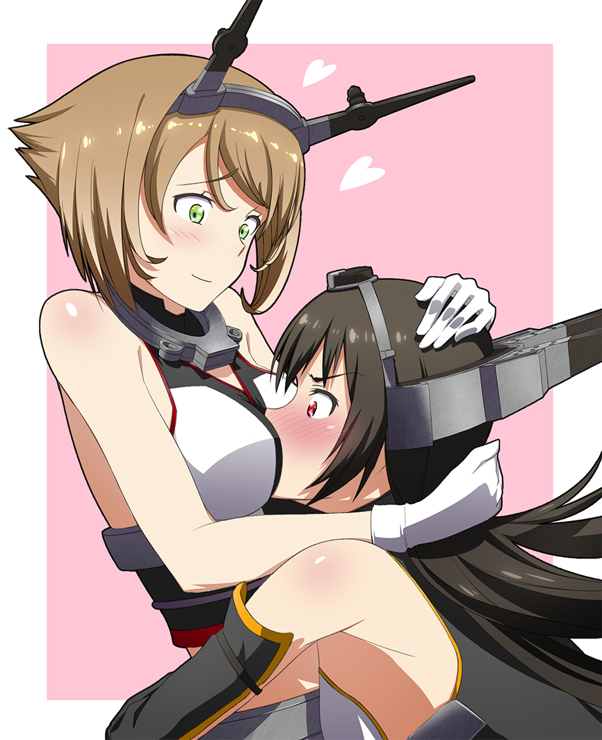2girls bare_shoulders black_hair breast_smother breasts brown_hair elbow_gloves futami_(mg42fw190d) gloves green_eyes hairband hands_on_another's_head headband headgear heart hug kantai_collection large_breasts long_hair looking_at_another midriff multiple_girls mutsu_(kantai_collection) nagato_(kantai_collection) navel pink_background profile red_eyes short_hair simple_background skirt yuri