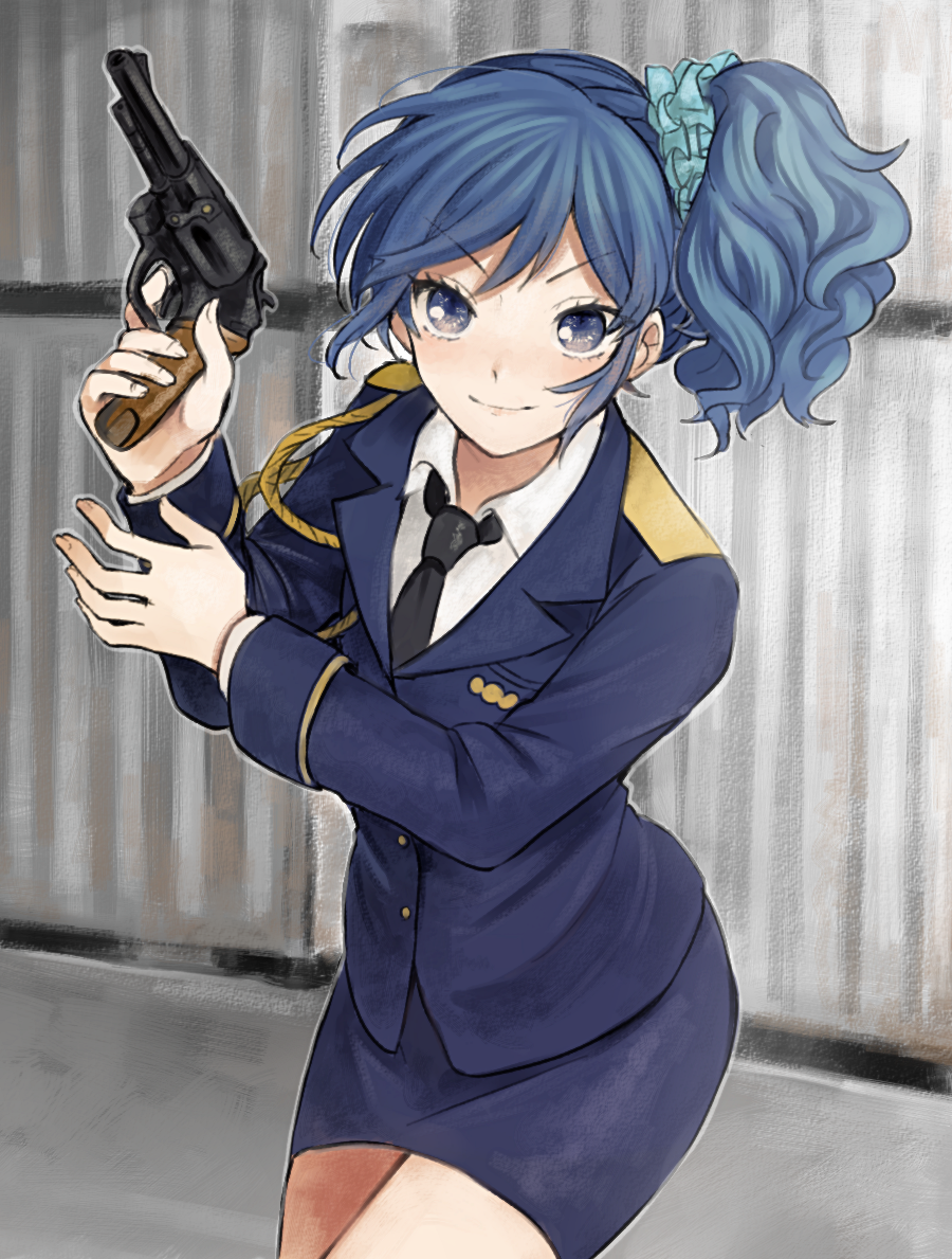 aikatsu! blue_eyes blue_hair gun handgun kiriya_aoi kurodeko necktie pistol police police_uniform side_ponytail skirt uniform weapon