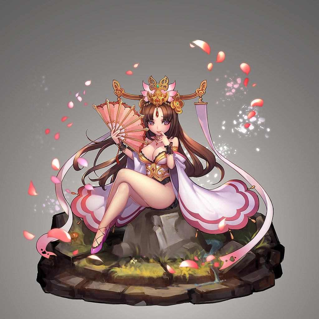 1girl breasts brown_hair cleavage detached_sleeves diao_chan fan finger_in_mouth headwear long_hair petals romance_of_the_three_kingdoms ryushin sitting smile solo stone violet_eyes