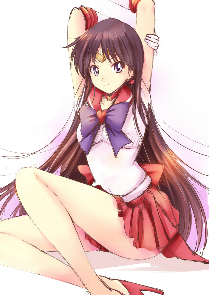 1girl arm_up bishoujo_senshi_sailor_moon black_hair bow brooch choker earrings elbow_gloves gloves high_heels hino_rei jewelry katori_(mocchidou) long_hair magical_girl purple_bow red_bow red_shoes red_skirt sailor_collar sailor_mars shoes sitting skirt smile solo super_sailor_mars tiara violet_eyes white_background white_gloves