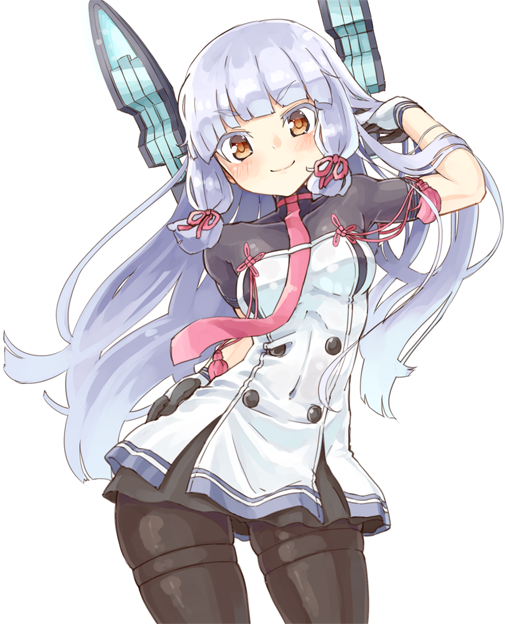 1girl bangs black_legwear blunt_bangs bodysuit gloves hair_ribbon headgear kantai_collection long_hair looking_at_viewer murakumo_(kantai_collection) naka_akira pantyhose remodel_(kantai_collection) ribbon sailor_dress school_uniform silver_hair smile