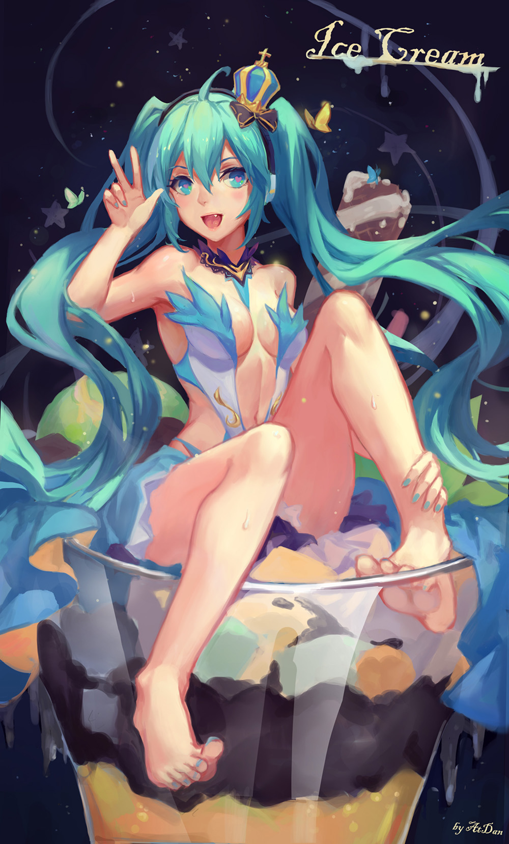 1girl :d ahoge aqua_eyes aqua_hair aqua_nails artist_name atdan bare_shoulders barefoot blue_skirt bow breasts butterfly crown detached_collar fang feet food hair_between_eyes hair_bow hatsune_miku headphones heart heart-shaped_pupils highres in_food knee_up light_particles long_hair looking_at_viewer minigirl nail_polish navel open_mouth parfait revision sitting skirt sky smile solo star_(sky) starry_sky symbol-shaped_pupils toenail_polish tongue twintails v very_long_hair vocaloid w wafer_stick