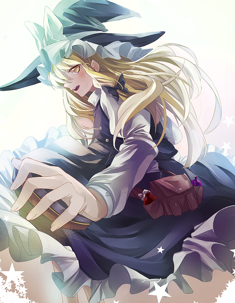 1girl backlighting bag black_dress blonde_hair bow braid dress eredhen hat hat_bow juliet_sleeves kirisame_marisa long_hair long_sleeves looking_at_viewer mini-hakkero open_mouth puffy_sleeves revision shirt single_braid solo star touhou witch_hat yellow_eyes