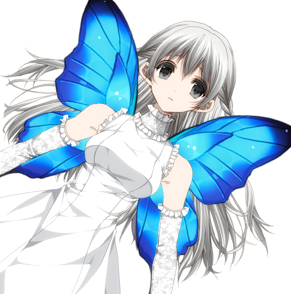 1girl breasts butterfly_wings dress grey_eyes long_hair misteor original solo white_dress white_hair wings