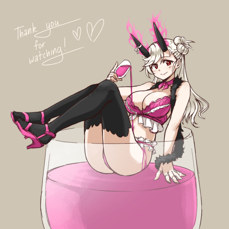 1girl bikini black_legwear blush breasts character_request choker cleavage cup feather_boa food frilled_bikini frills full_body high_heels horn_ribbon horns in_food large_breasts minigirl original pas_(paxiti) pink_bikini red_eyes ribbon ribbon_choker side_bun smile solo swimsuit thank_you thigh-highs white_hair wine_glass