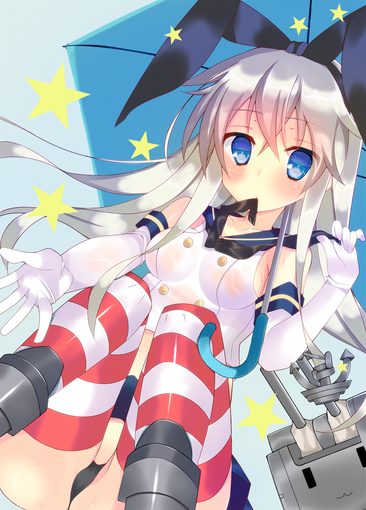 1girl alternate_hair_color anchor_hair_ornament bare_shoulders black_panties blonde_hair blue_eyes blue_skirt bow crop_top elbow_gloves gloves hair_bow hair_ornament hairband kantai_collection long_hair looking_at_viewer microskirt mouth_hold neckerchief outstretched_hand panties pantyshot pantyshot_(sitting) pleated_skirt rensouhou-chan satsuki_mayuri shimakaze_(kantai_collection) silver_hair sitting skirt striped striped_legwear thigh-highs underwear white_gloves