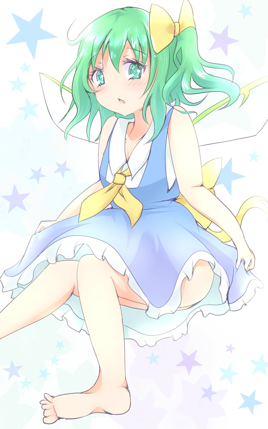 1girl ascot barefoot bell daiyousei fairy_wings green_eyes green_hair hair_bell hair_ornament heart heart-shaped_pupils highres mickeysmith open_mouth side_ponytail sleeves solo star symbol-shaped_pupils touhou wings