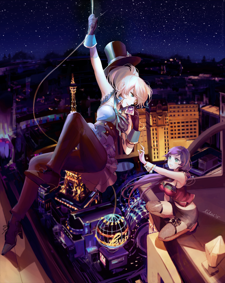 2girls ayase_eli blonde_hair blue_eyes boots breasts bunny_shake commentary fishnet_legwear fishnets gloves hat high_heel_boots high_heels long_hair love_live!_school_idol_project monocle multiple_girls night night_sky pants pants_under_skirt phantom_thief_erichika ponytail purple_hair reaching ribbon rooftop rope signature skirt sky squatting star_(sky) starry_sky tarot thigh-highs top_hat toujou_nozomi twintails wrist_cuffs
