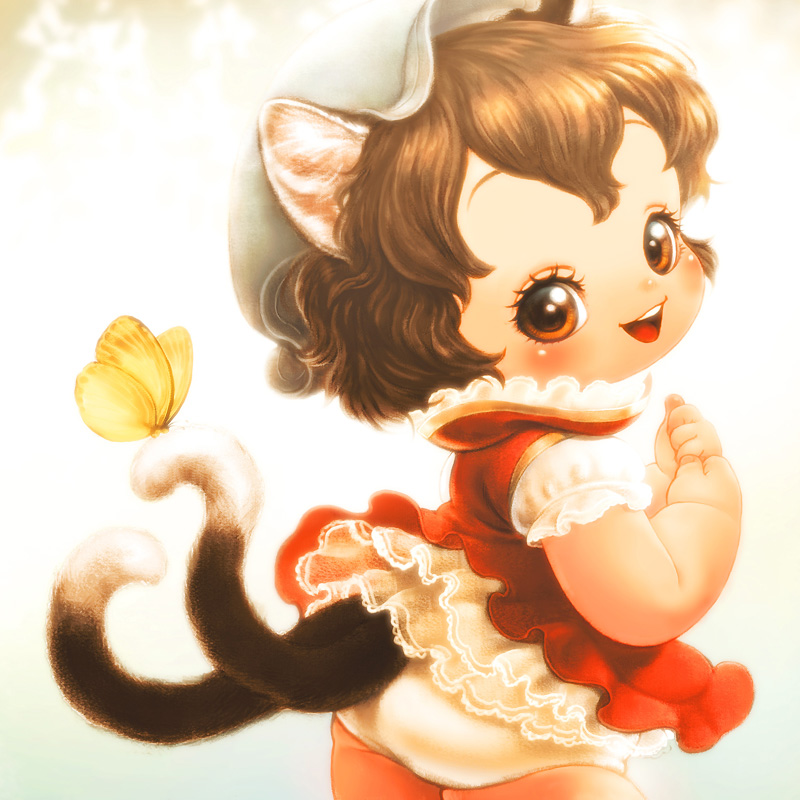 1girl animal_ears brown_hair butterfly cat_ears cat_tail chen clenched_hands gradient gradient_background looking_at_viewer mob_cap multiple_tails open_mouth panties red_eyes short_hair short_sleeves simple_background skirt skirt_set solo souri tail touhou underwear white_panties younger