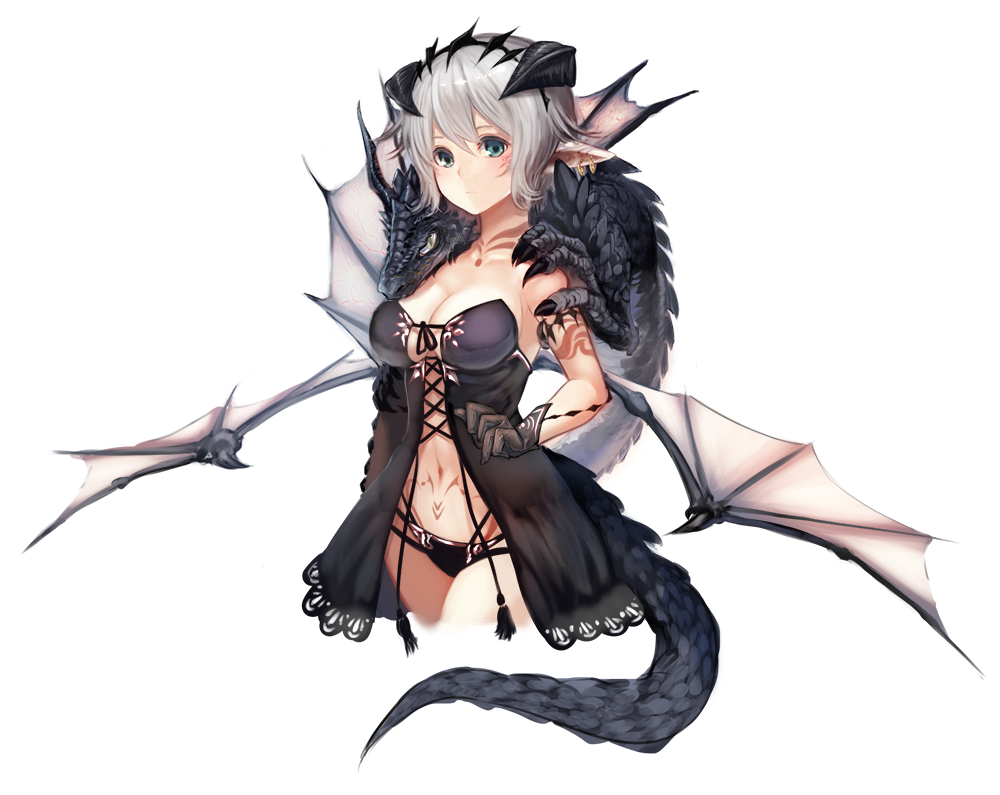 1girl animal_on_shoulder aqua_eyes babydoll bangs bare_shoulders breasts cleavage corset cowboy_shot dragon dragon_girl earrings expressionless facial_tattoo gloves hairband horns jewelry looking_at_viewer navel original panties pointy_ears short_hair silver_hair solo strapless tail tassel tattoo underwear underwear_only uro_(uro_zi) white_background wings