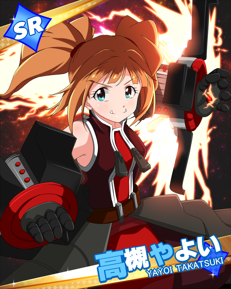 1girl armor blazblue blue_eyes fire gloves idolmaster idolmaster_million_live! iron_tager iron_tager_(cosplay) jabara921 orange_hair solo takatsuki_yayoi tusks twintails