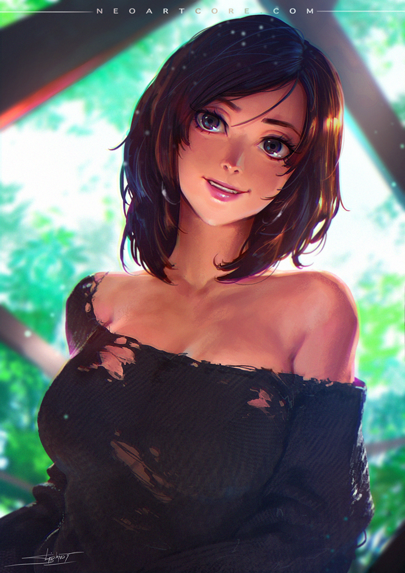 1girl bare_shoulders breasts brown_hair eyelashes grey_eyes lips lipstick makeup no_bra nose nudtawut_thongmai off-shoulder_sweater original short_hair signature smile solo torn_clothes upper_body