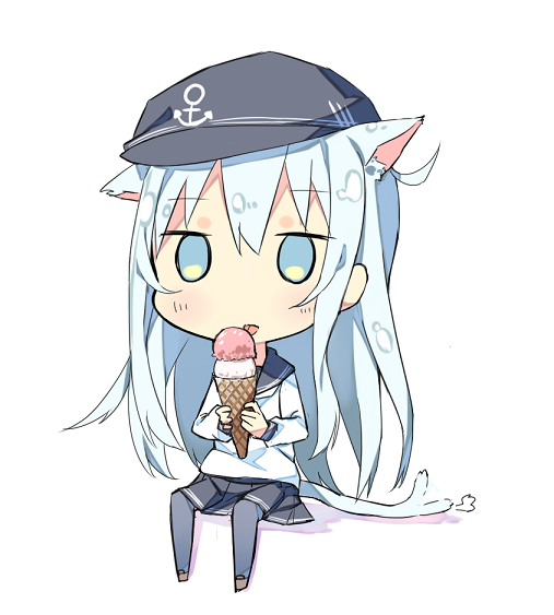 1girl anchor_symbol animal_ears black_legwear blue_eyes blue_hair cat_ears cat_tail commentary_request double_scoop eating food hat hibiki_(kantai_collection) ice_cream ice_cream_cone kantai_collection licking long_hair long_sleeves pleated_skirt sailor_hat school_uniform serafuku shoes simple_background skirt solo tail tail_wagging thigh-highs tunamayochan white_background