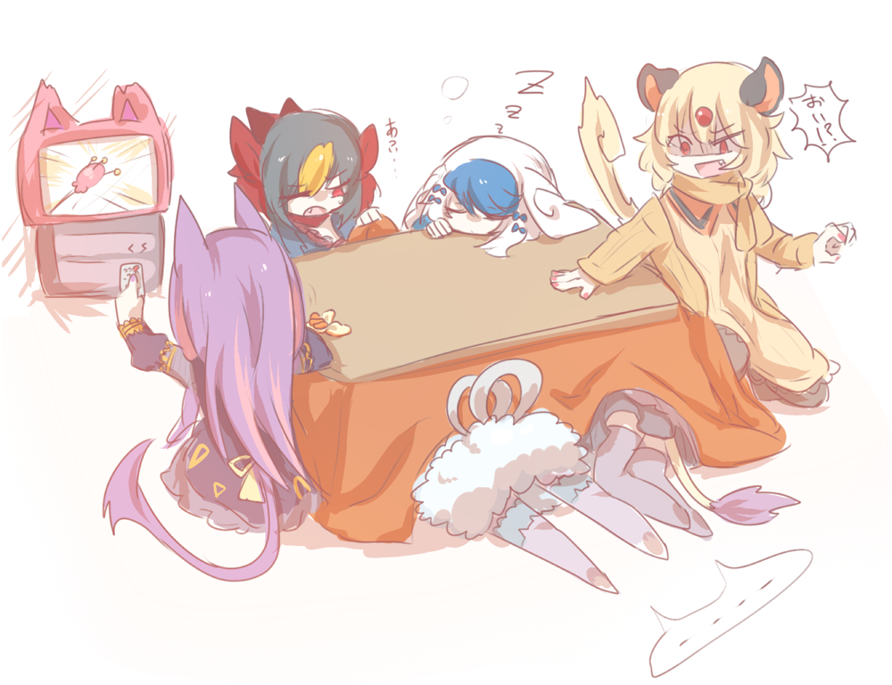 6+girls animal_ears controller delcatty liepard meowstic multiple_girls persian personification pokemon purugly red_eyes remote_control shikkoku_neko skitty sleeping sleepy tail television under_table weavile