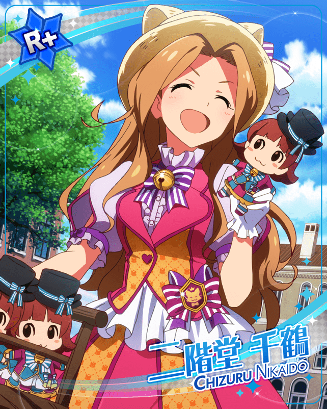 blush brown_hair character_name closed_eyes dress idolmaster_million_live!_theater_days long_hair nikaidou_chizuru smile