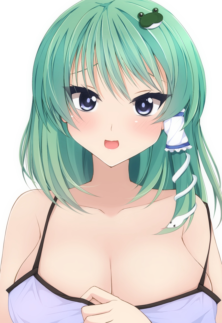 1girl alternate_costume bare_shoulders blush breasts chemise chimunge cleavage collarbone frog_hair_ornament green_hair grey_eyes hair_ornament highres kochiya_sanae large_breasts long_hair looking_at_viewer no_bra open_mouth smile snake_hair_ornament touhou upper_body