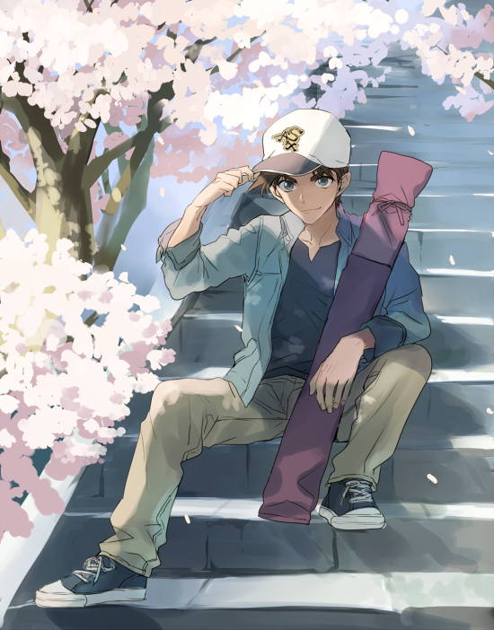 1boy artist_request bent_knees blue_eyes brown_hair cherry_trees full_body hand_on_headwear hat hattori_heiji jacket looking_at_viewer male_focus meitantei_conan open_clothes open_jacket pants short_hair sitting_on_stairs smile solo stairs