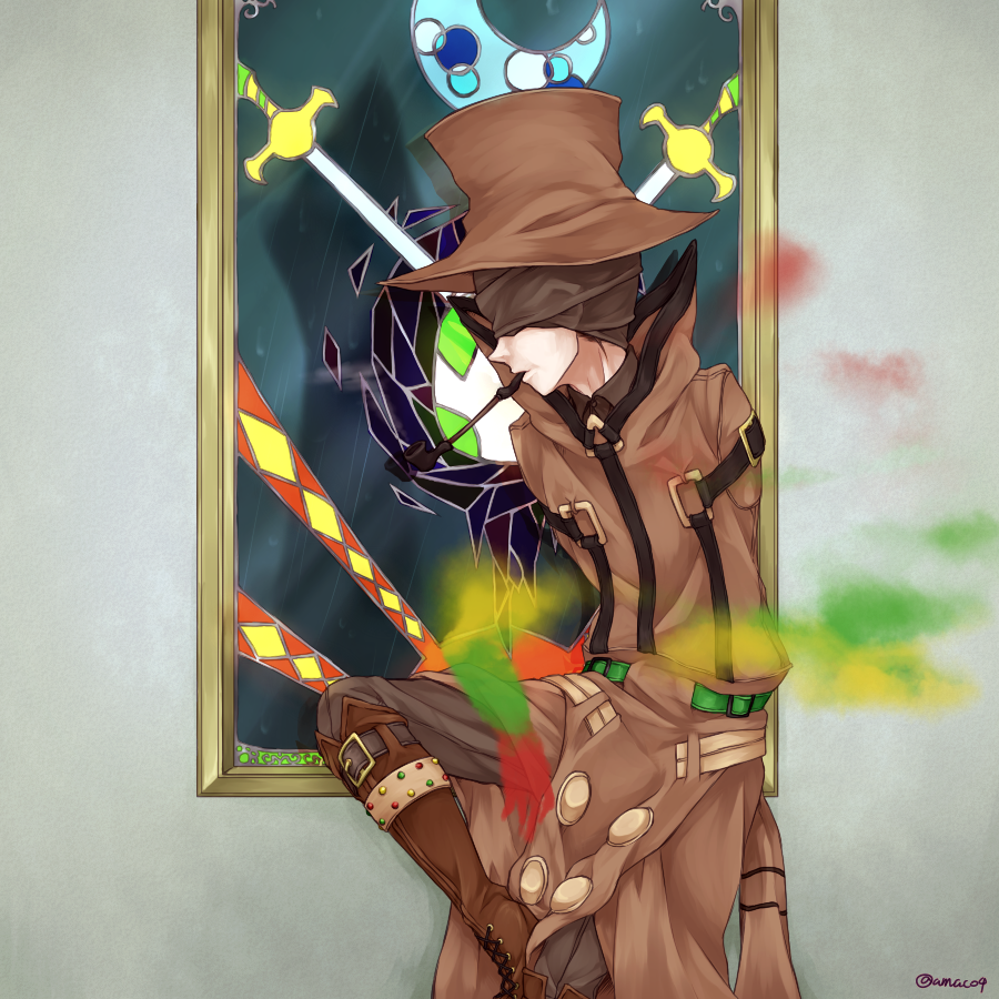 1boy amaco4 armless beheeyem boots brown_boots brown_clothes covered_eyes crescent_moon hat moon personification pipe pokemon reflection stained_glass sword top_hat twitter_username weapon
