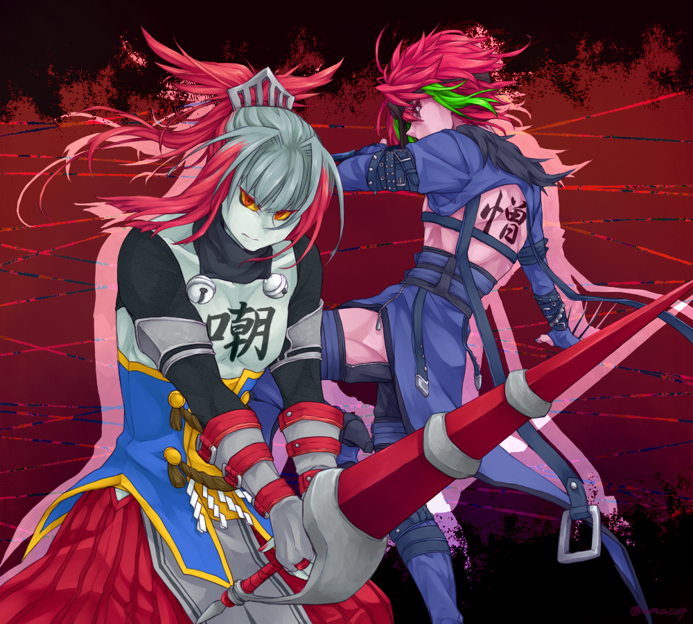 2girls accelgor amaco4 arm_strap bell bracelet escavalier gloves green_hair grey_hair grey_skin hair_ornament jewelry lance multicolored_hair personification pink_hair pink_skin pokemon polearm red_eyes spiked_bracelet spikes twitter_username weapon yellow_sclera