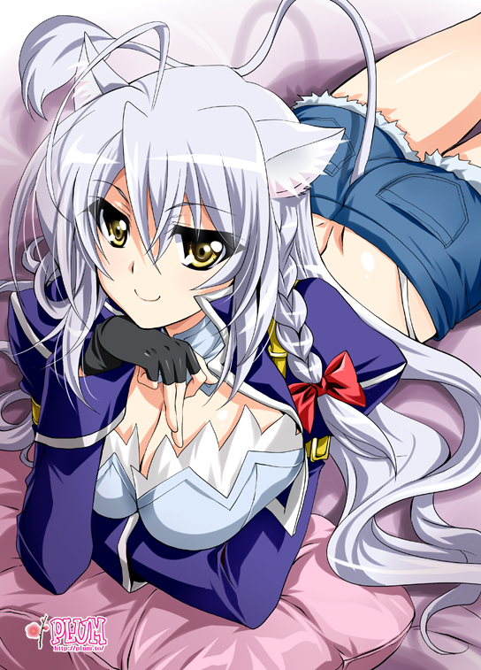 1girl ahoge animal_ears artist_name bow braid breasts cat_ears cleavage cutoffs denim denim_shorts dog_days fingerless_gloves gloves hair_bow highleg highleg_panties jacket kanna_(plum) large_breasts leonmitchelli_galette_des_rois lion_tail long_hair long_sleeves looking_at_viewer lying on_stomach panties pillow puffy_sleeves shorts silver_hair single_braid smile solo tail underwear watermark web_address yellow_eyes