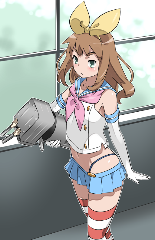 1girl brown_eyes brown_hair cosplay elbow_gloves gloves hair_ribbon hibike!_euphonium imaichi kantai_collection long_hair ribbon shimakaze_(kantai_collection) shimakaze_(kantai_collection)_(cosplay) skirt striped striped_legwear thigh-highs yoshikawa_yuuko