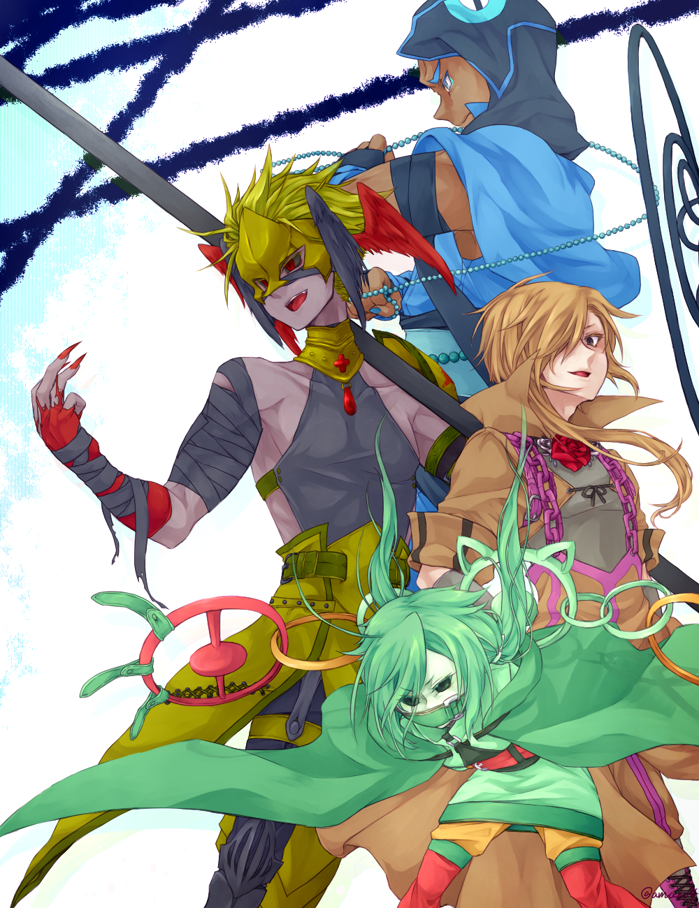 4boys amaco4 bare_shoulders beads belt black_sclera brown_hair cape carracosta chain claws collar conkeldurr covered_mouth fingerless_gloves flower gloves greaves green_hair haxorus head_wings highres hood mask multiple_boys open_mouth personification pokemon reuniclus rose