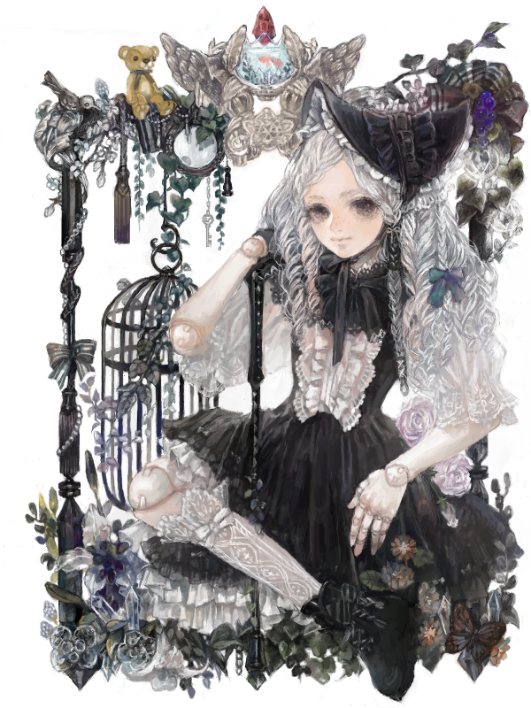1girl arwennnn birdcage black_boots black_dress bonnet boots bow brown_eyes butterfly cage cane chin_strap crystal doll_joints drawr dress fish fishbowl flower frills goldfish hair_bow ivy key kneehighs lace lace-trimmed_kneehighs lace-trimmed_sleeves lily_(flower) lolita_fashion long_hair looking_at_viewer mirror ringlets rose silver_hair smile solo stuffed_animal stuffed_toy tassel teddy_bear white_legwear