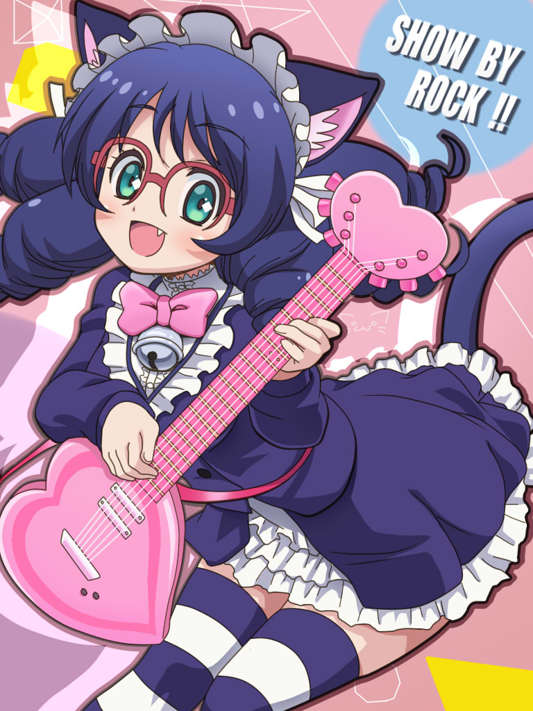 1girl animal_ears awa bell blush cat_ears cat_tail cyan_(show_by_rock!!) guitar instrument long_hair looking_at_viewer show_by_rock!! smile strawberry_heart striped striped_legwear tail thigh-highs zettai_ryouiki