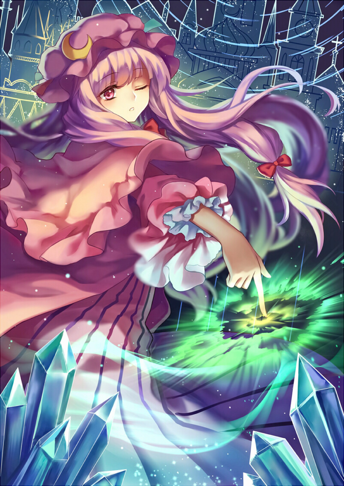 1girl capelet coat crescent crystal dress hair_ribbon long_hair long_sleeves mirror_(xilu4) mob_cap one_eye_closed open_clothes open_coat patchouli_knowledge pink_eyes purple_hair ribbon scarlet_devil_mansion solo striped striped_dress touhou tress_ribbon very_long_hair