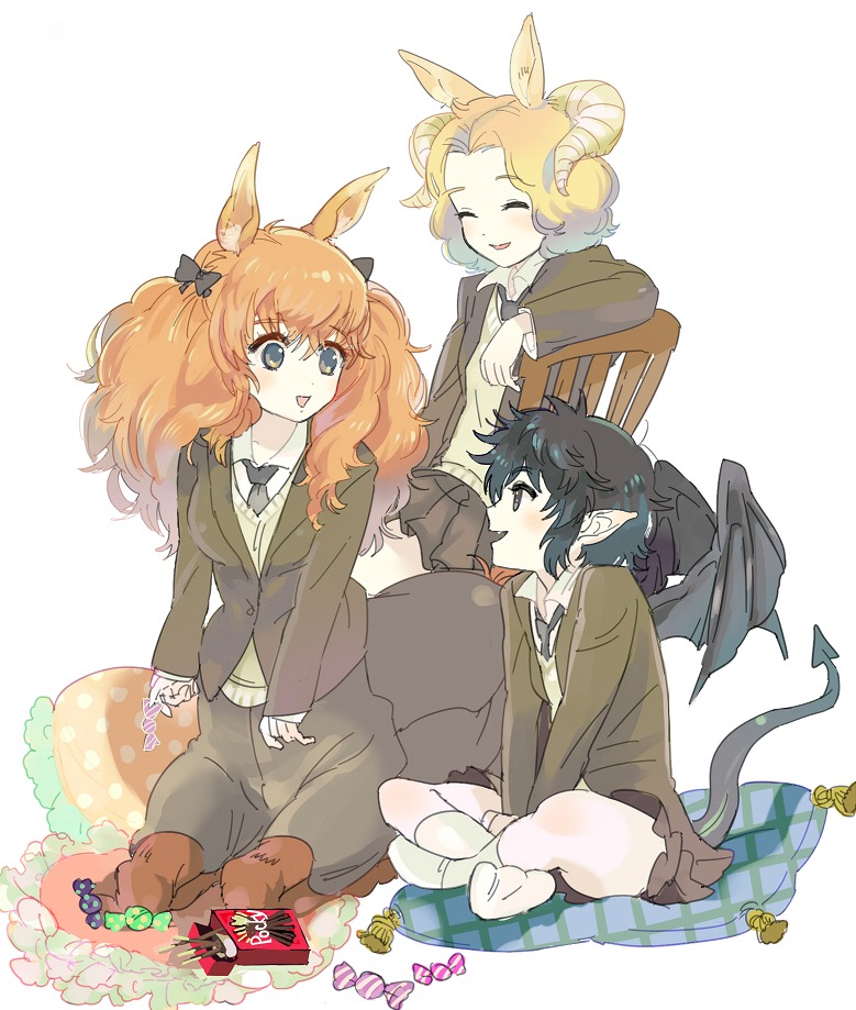 3girls animal_ears black_bow black_hair blonde_hair bow candy candy_wrapper centaur centaur_no_nayami chair closed_eyes demon_tail demon_wings fang gokuraku_nozomi hair_bow horns horse_ears imp indian_style kimihara_himeno long_hair looking_at_another monster_girl multiple_girls naraku_kyouko necktie no_shoes open_mouth orange_eyes orange_hair pillow pocky pointy_ears school_uniform seiza sheep_ears sheep_horns short_hair simple_background sitting sitting_on_chair sitting_on_pillow smile sweets tail trico_(mentalsketch1985) white_background wings