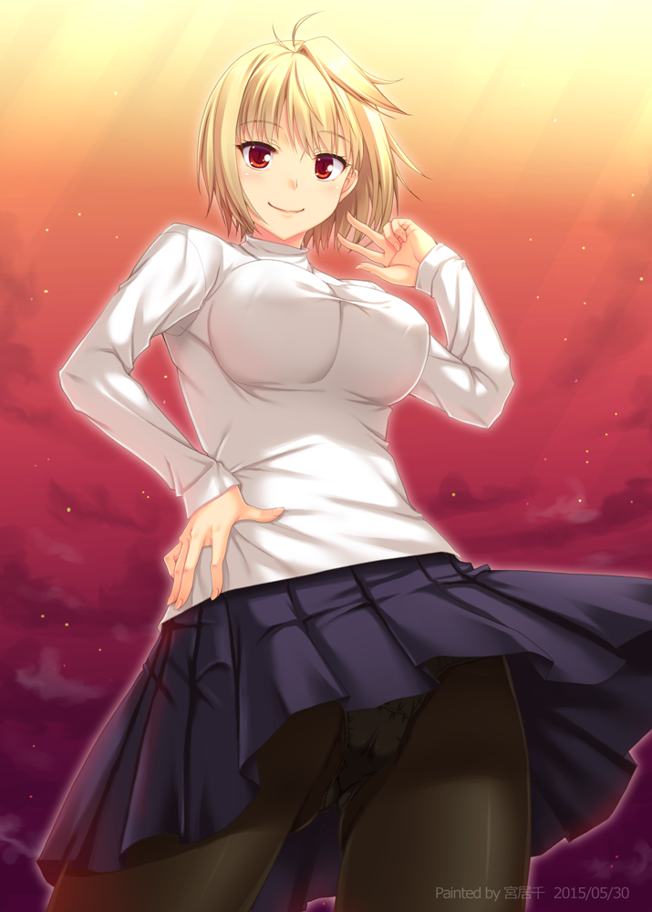 1girl arcueid_brunestud black_legwear blonde_hair blush breasts clouds dated hand_on_hip huge_breasts impossible_clothes impossible_sweater lips long_sleeves looking_at_viewer miyai_max panties panties_under_pantyhose pantyhose red_eyes shiny shiny_clothes short_hair skirt smile solo sunset sweater tsukihime underwear v