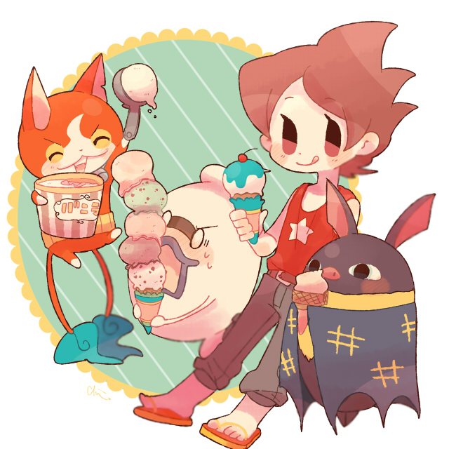0_0 1boy amano_keita bat blush brown_hair cat cherry chiyoko_(oman1229) closed_eyes food fruit ghost hikikoumori ice_cream ice_cream_cone ice_cream_scoop jibanyan licking_lips multiple_tails no_socks notched_ear open_mouth purple_lips sandals short_hair single_scoop sweat tail tank_top tongue tongue_out too_many_scoops two_tails whisper_(youkai_watch) youkai youkai_watch