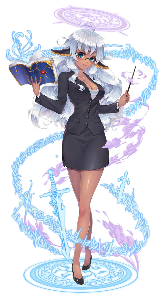 blue_eyes book breasts cleavage dark_angel_metatron_(p&amp;d) dark_skin formal glasses highres loneteel long_hair magic_circle puzzle_&amp;_dragons simple_background skirt_suit suit sword teacher wavy_hair weapon white_background white_hair