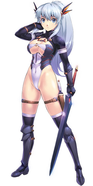 1girl blue_eyes boots breasts bridal_gauntlets cleavage dagger gloves hair_ornament jewelry leotard long_hair looking_at_viewer original ponytail silver_hair simple_background sword thigh-highs thigh_boots tiara uchiu_kazuma weapon