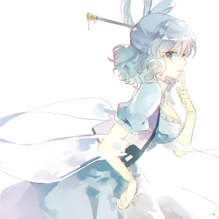 1girl blue_dress blue_eyes blue_hair breasts chromatic_aberration cleavage dress finger_to_mouth hair_ornament hair_rings hair_stick kaku_seiga looking_at_viewer nr_(cmnrr) parted_lips profile puffy_sleeves shawl short_hair short_sleeves simple_background solo touhou vest white_background