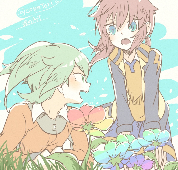 2boys blue_eyes fei_rune flower grass green_eyes green_hair inazuma_eleven_(series) inazuma_eleven_go jacket kirino_ranmaru long_hair male_focus multiple_boys open_clothes open_jacket open_mouth outdoors pink_hair raimon raimon_soccer_uniform soccer_uniform sportswear ticktack_chicken track_jacket twintails twitter_username