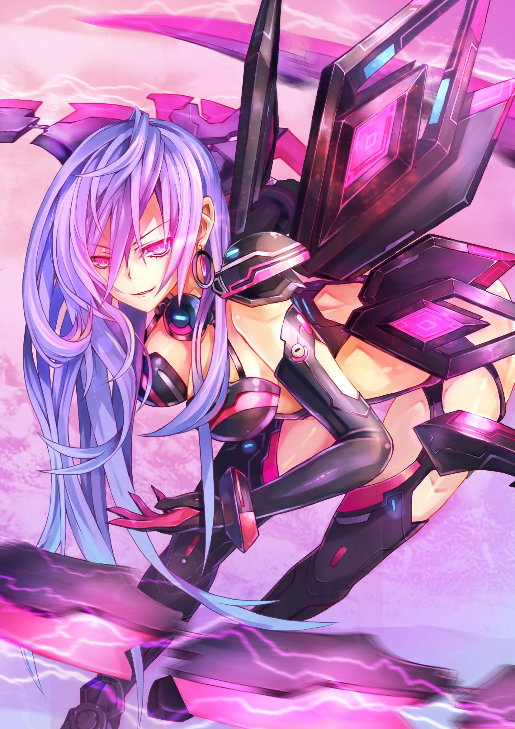 1girl blue_hair breasts choujigen_game_neptune earrings glowing glowing_eye highres iris_heart jewelry kami_jigen_game_neptune_v long_hair looking_at_viewer neptune_(series) pink_eyes pururut smile solo sxbzero