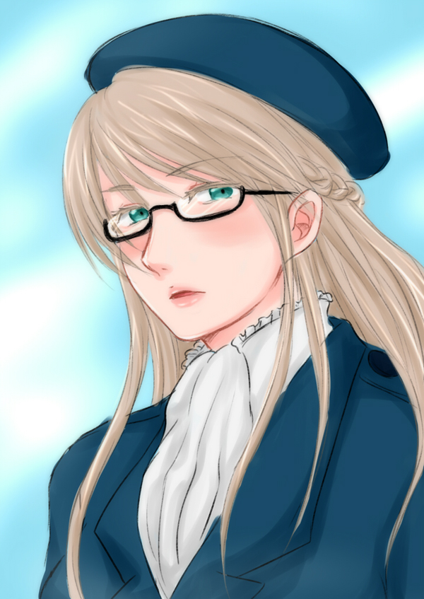 1girl axis_powers_hetalia beret blonde_hair blue_eyes cravat female fuyumura_asuki genderswap glasses hat long_hair solo sweden_(hetalia)