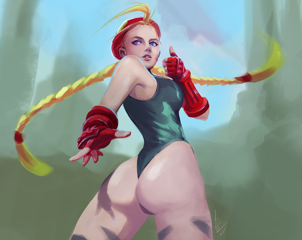 1girl antenna_hair ass bang_bez beret blonde_hair blue_eyes bodypaint braid breasts cammy_white camouflage fingerless_gloves gloves hat leotard lips long_hair looking_back nose scar solo street_fighter thick_thighs thighs thong_leotard thumbs_up twin_braids