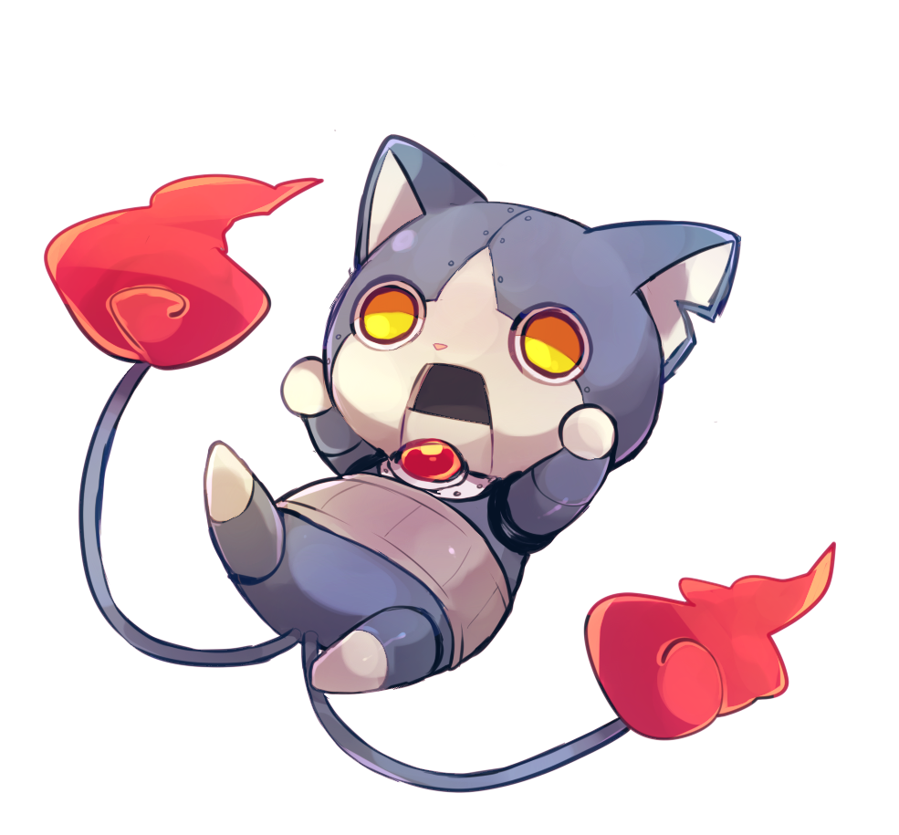 cat makoto_(konbumi) multiple_tails no_humans notched_ear open_mouth rivets robonyan robot simple_background solo tail two_tails white_background yellow_eyes youkai youkai_watch