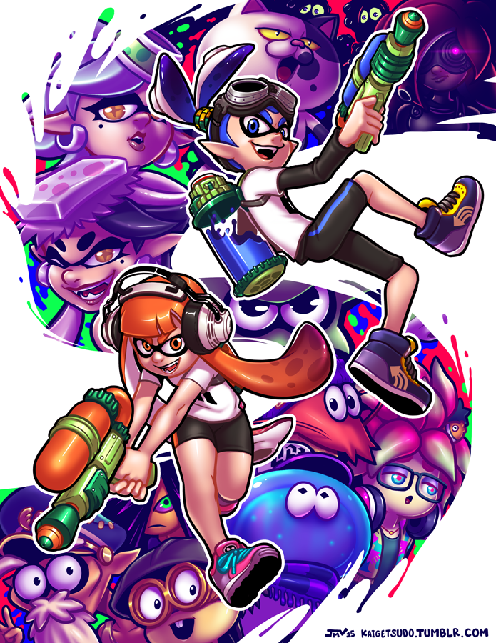 6+boys 6+girls anemo_(splatoon) bike_shorts blue_eyes blue_hair bukichi_(splatoon) callie_(splatoon) commander_atarime cousins daunii_(splatoon) echizen_(splatoon) everyone full_body goggles goggles_on_head headphones inkling jajji-kun_(splatoon) kaigetsudo kumano_(splatoon) marie_(splatoon) mask orange_eyes orange_hair pointy_ears rob_(splatoon) running shoes sneakers splatoon squid super_soaker t-shirt takozonesu