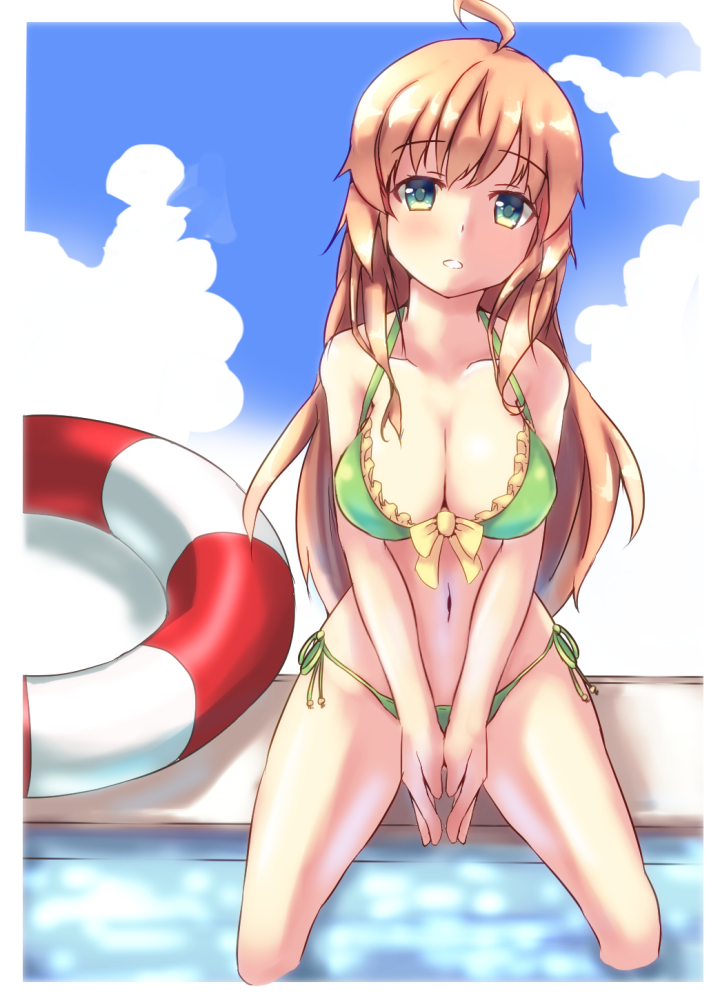 1girl bikini blonde_hair feet_in_water fuyuki8208 green_eyes hoshii_miki idolmaster innertube long_hair sitting soaking_feet swimsuit water