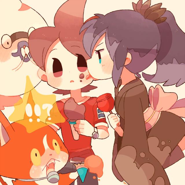 !? 1boy 1girl amano_keita brown_hair candy_apple cat cheek_licking chiyoko_(oman1229) face_licking fangs food food_on_face hands_over_mouth high_ponytail hyakkihime ice_cream ice_cream_cone ice_cream_cone_spill japanese_clothes jibanyan kimono licking multicolored_hair open_mouth purple_hair purple_lips short_hair two-tone_hair watch watch youkai youkai_watch youkai_watch_(object)