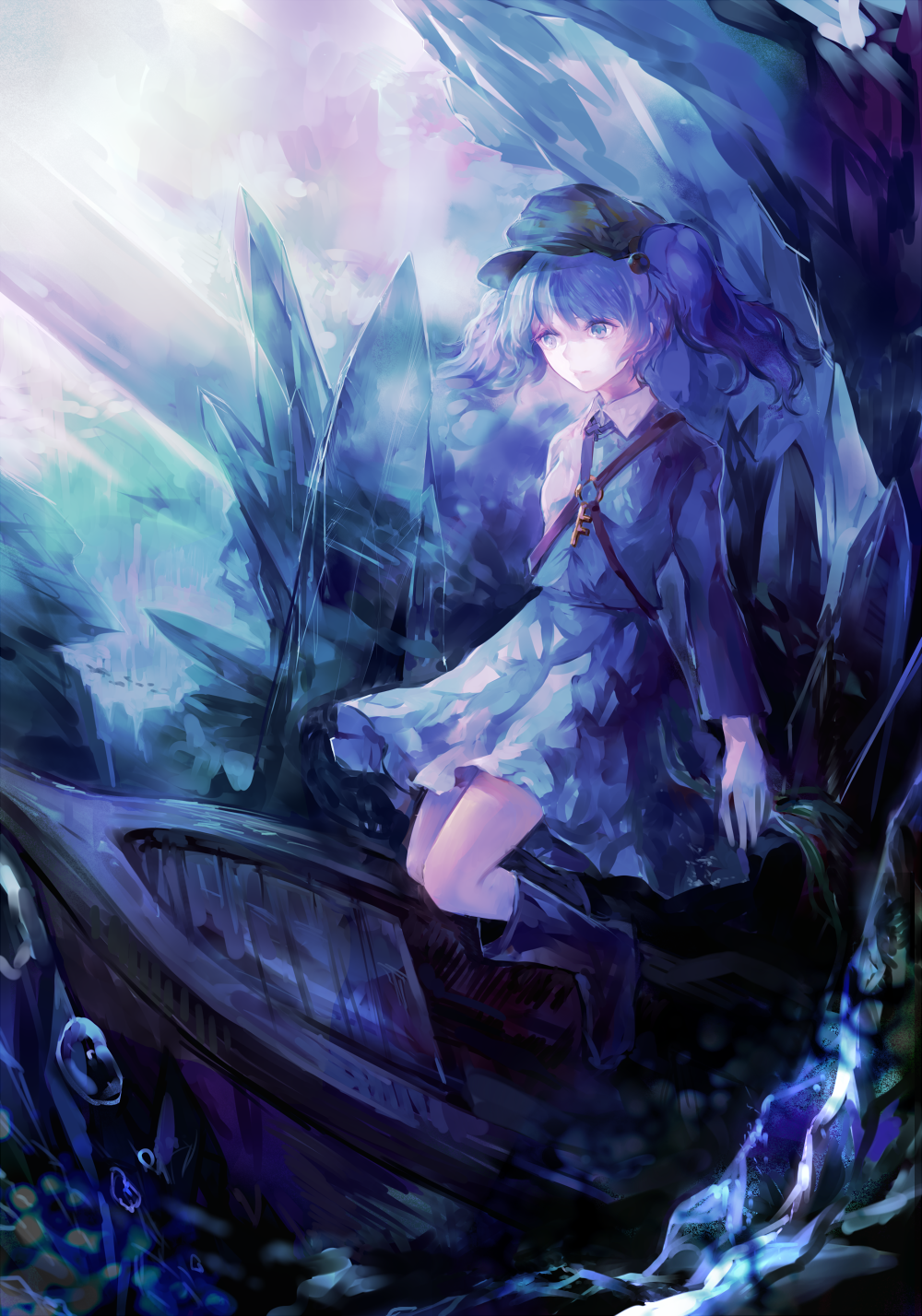 1girl air_bubble blue_eyes blue_hair boots crystal expressionless facing_away folded_leg freediving hair_bobbles hair_ornament hat highres kawashiro_nitori key light_rays long_sleeves parted_lips psyder rubber_boots seaweed shipwreck short_hair skirt skirt_set solo sunbeam sunlight touhou twintails underwater