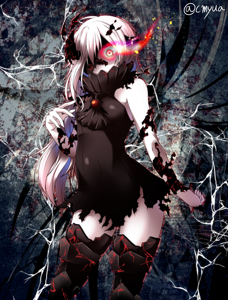 1girl ascot bare_shoulders black_dress boots covered_mouth covered_navel cowboy_shot dress glowing glowing_eye kantai_collection long_hair looking_at_viewer ne-class_heavy_cruiser pale_skin red_eyes shaded_face shinkaisei-kan short_dress solo thigh-highs thigh_boots twitter_username white_hair white_skin yua_(checkmate)