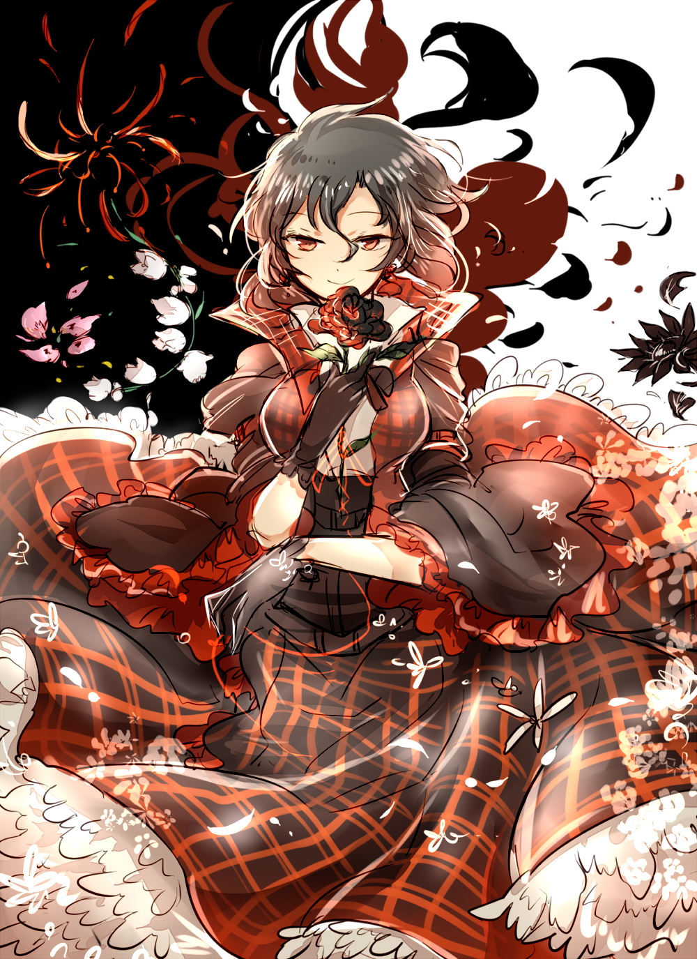 1girl adapted_costume alternate_hair_color black_gloves black_hair commentary flower gloves highres juliet_sleeves kazami_yuuka long_sleeves looking_at_viewer open_clothes open_vest petals puffy_sleeves red_eyes red_rose rose shigureru shirt skirt skirt_set smile solo touhou vest