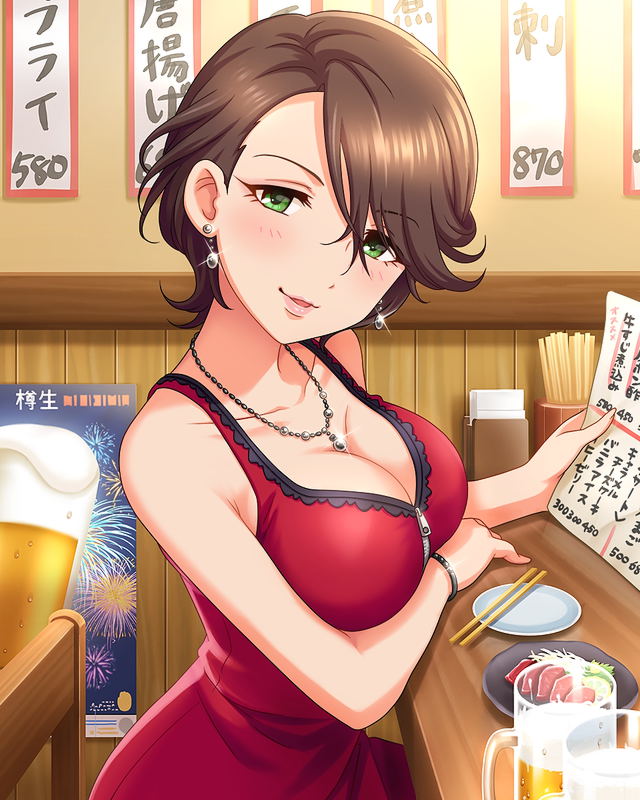 1girl alcohol artist_request bangs bar beer beer_mug blush bracelet breasts brown_hair chair character_name chopsticks cleavage collarbone cup dress earrings green_eyes idolmaster idolmaster_cinderella_girls jewelry lips looking_at_viewer menu mug necklace official_art parted_lips pendant plate poster red_dress shinohara_rei short_hair sitting sleeveless sleeveless_dress solo swept_bangs upper_body zipper