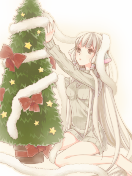 1girl bare_legs blonde_hair bottomless bow chii chobits christmas_tree pullover red_bow sitting solo star wariza